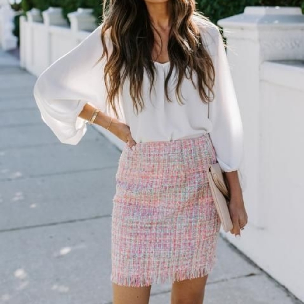 Vici Sandra Multicolor Pink Tweed Fringe Skirt NWT